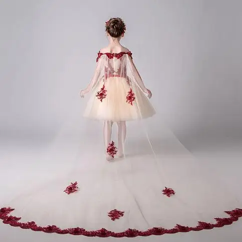 Коллекция года, высококачественное винтажное платье ручной работы с цветочным принтом для девочек, с повязкой на голову, с короткими рукавами, кружевное платье с шлейфом детская пышная одежда