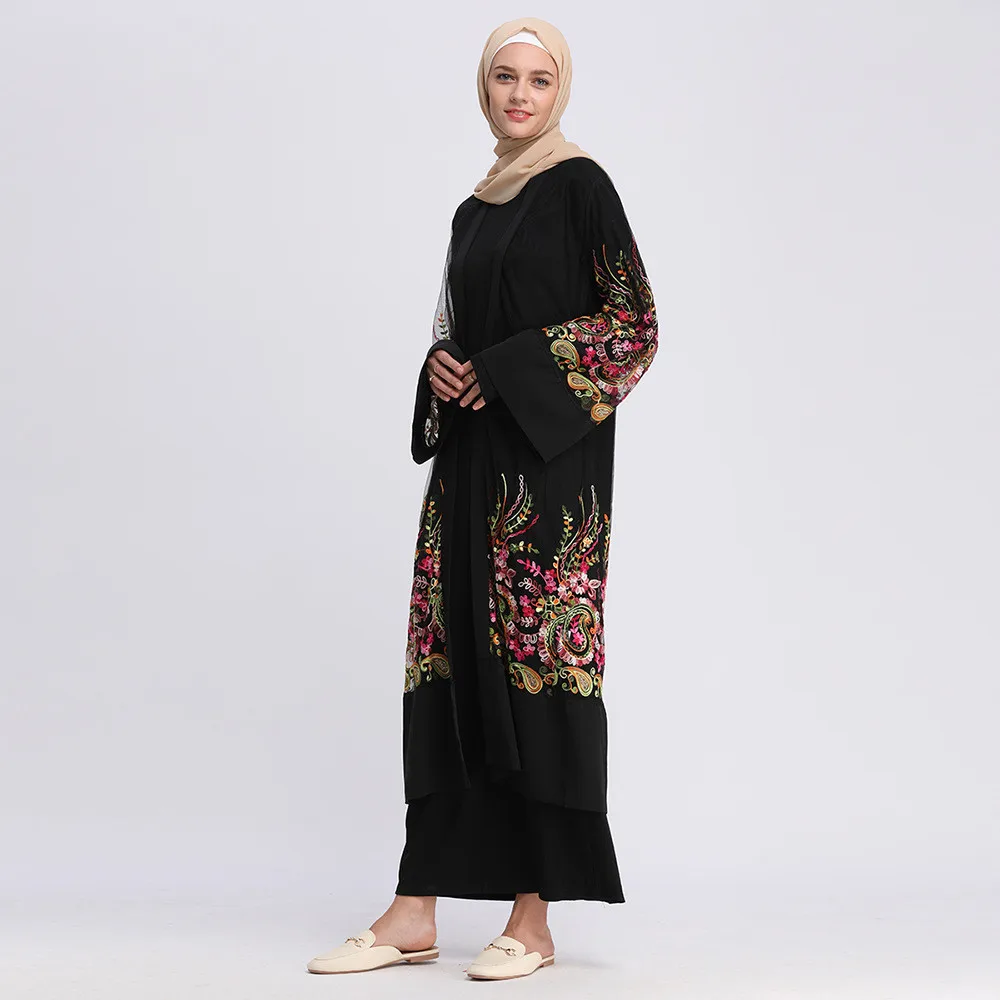 

Kaftan Abaya Dubai Arabic Islam Turkey Long Hijab Fashion Embroidered Mesh Jacket Cardigan Fringe Belt Mesh RobeY54