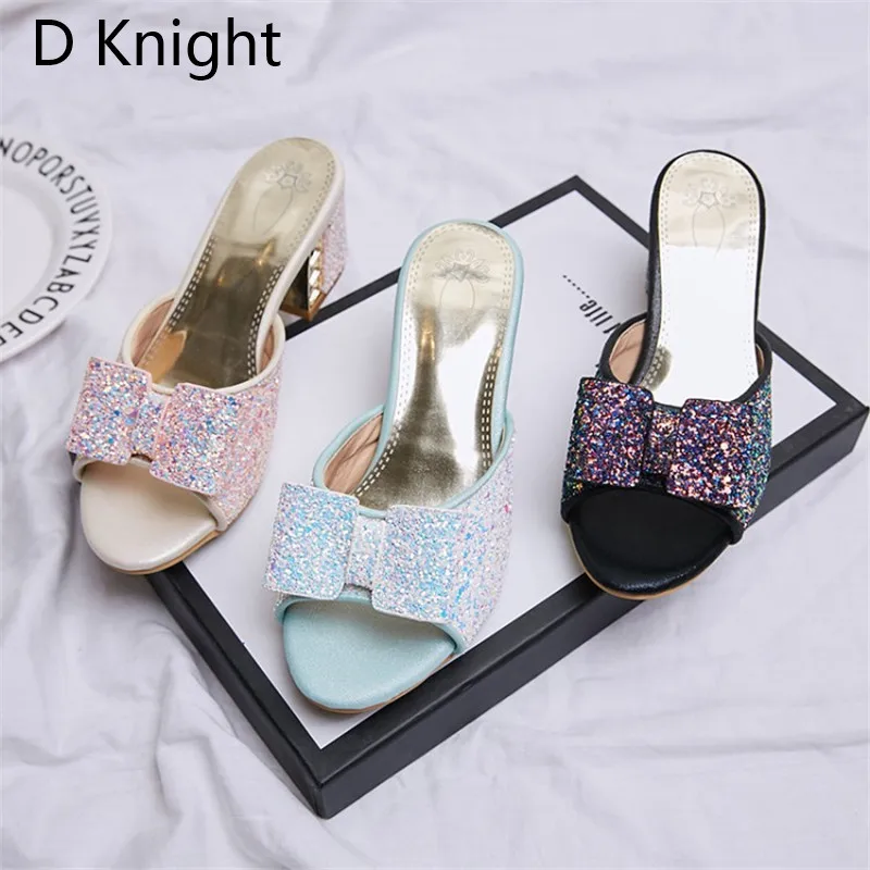 2018 Female Slippers Sepuined Cloth Sandals Summer Shoes Women Mules Lady Flip Flops Black High Heeled Slides Shoes Plus Size 43 (19)