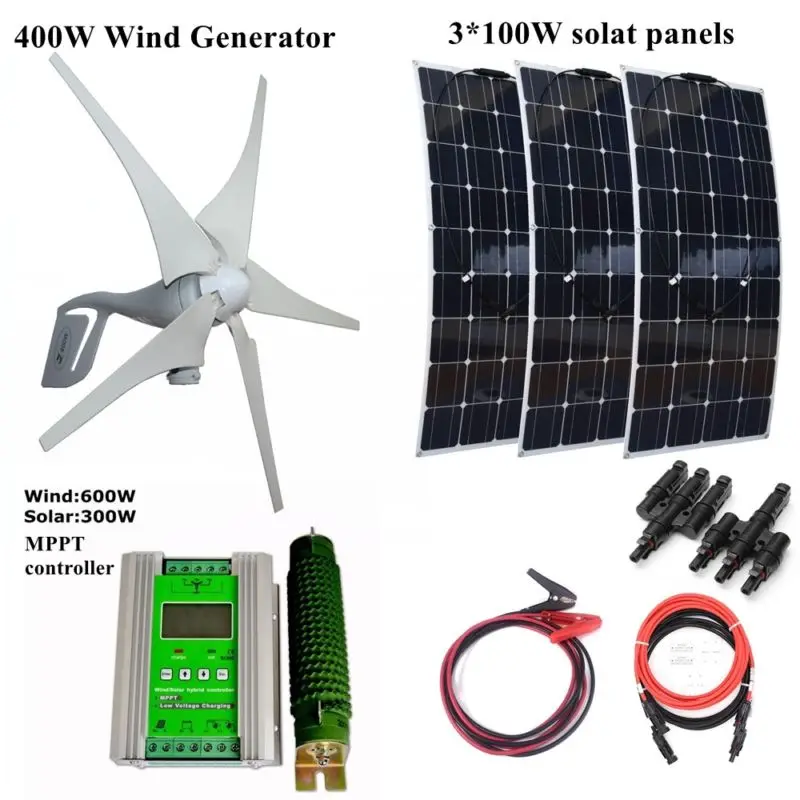 

400W Wind Generator +3*100W Solar Panels Module +12V/24V Wind Solar Controller Houseuse Wind Solar 700W Solar System