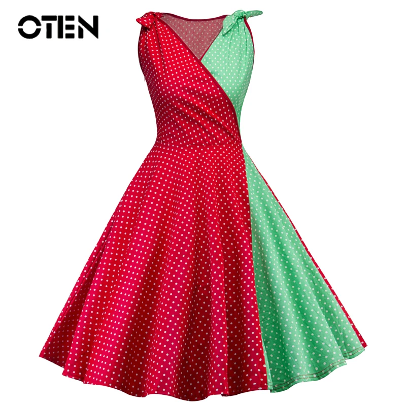 

OTEN women vintage clothing Summer Sleeveless V Neck Contrast Color Polka Dot Printed Pin up knee length vestido dress casual