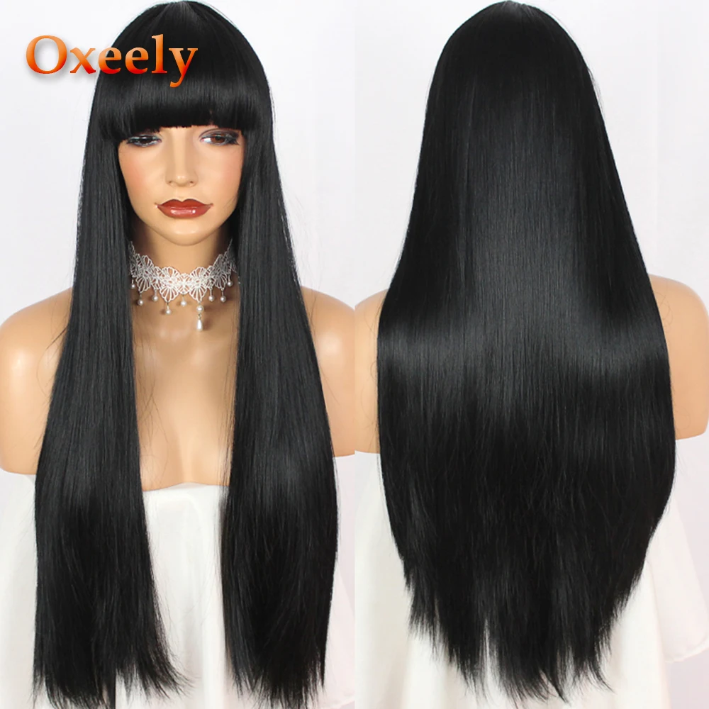 

Oxeely Long Straight with Full Bangs Synthetic Hair Full Wigs Glueless Black Color None Lace Hair Wig Heat Resistant for Women