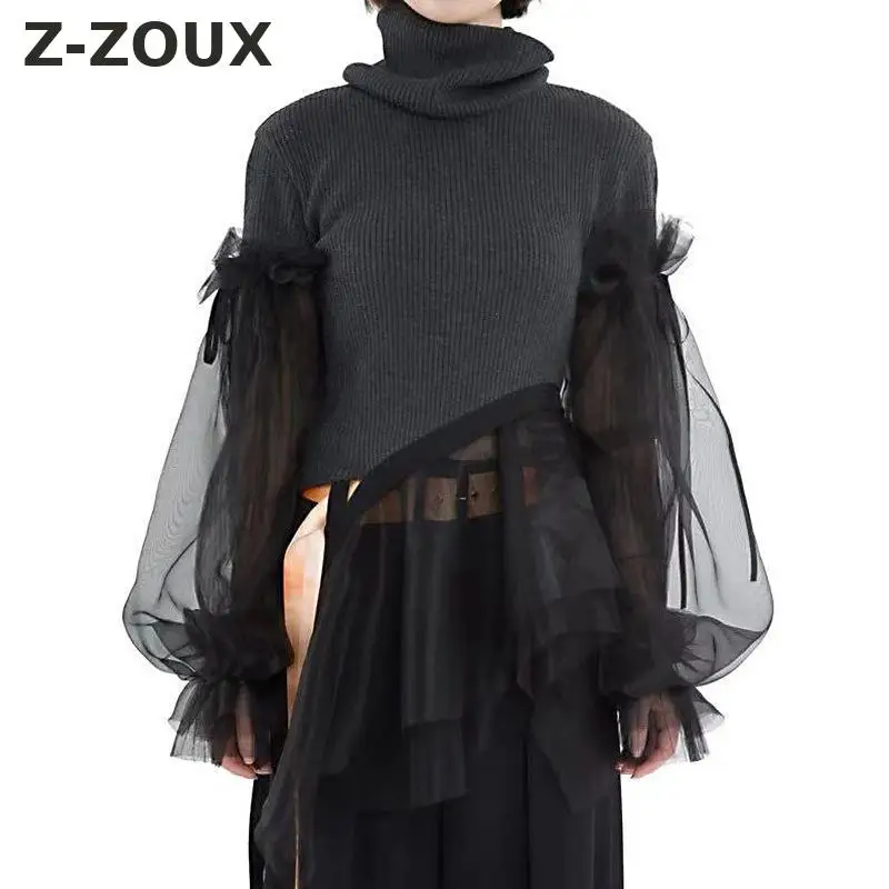 

Z-ZOUX Women Sweater Organza Stitching Irregular Knitted Pullover Turtleneck Long Sleeve Elastic Pullover Sweater Bottoming Tops
