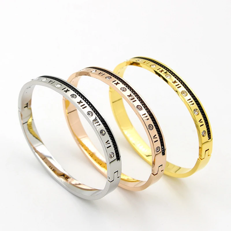 

Hot Sale Hollow Roman Numerals Black Chain Gold Color / Rose Gold Color / Silver Color Stainless Steel Bangle