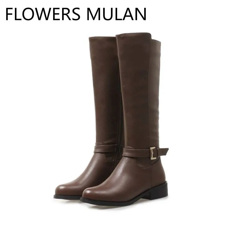 

Luxury Genuine Leather Winter Boots For Girls Long Boots Knee High Round Tow Low Chunky Heel Botas Femininas Side Zip Shoes