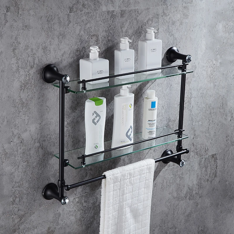 American Black Stainless Steel Diamond Glass Shelf Cosmetic Rack Double with Towel Bar Bathroom Accessories YM021