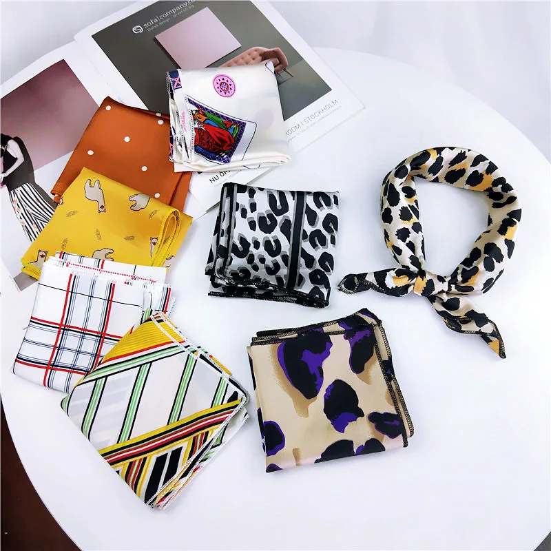 

High Quality Satin Scarf Women Leopard Print Elegant Small Square Scarf Head Scarf Handkerchief Spring Autumn Fashion Scarves