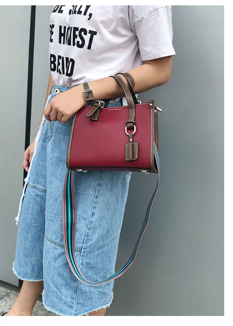 Color Blocking Daily Purse OL Business Tote Bag Genuine Leather Women's Shoulder Bag Small Top-handle Handbag