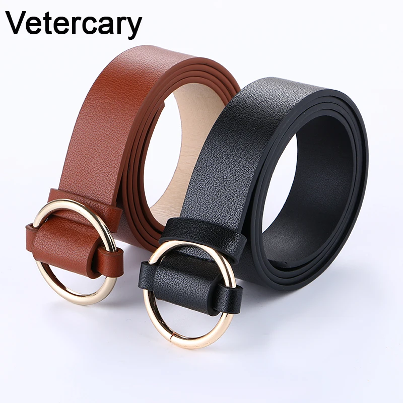 Newest Gold Round Buckle Belts black Leisure Women PU Leather Belt Metal Rings circle brown ...