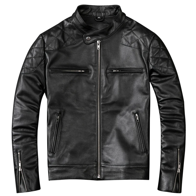 

2019 Black Men Genuine Biker's Leather Jacket Plus Size XXXL Thick Cowhide Slim Fit Short Motorcycle Leather Coat FREE SHIPPING