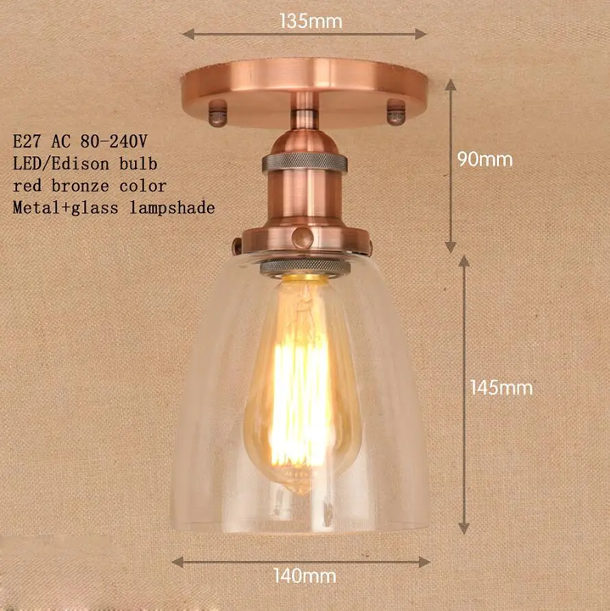 Лофт, винтажный Железный стеклянный абажур, потолочный светильник, светодиодный, E27, AC 110 В, 220 В, современные светильники, плафон, светильник для спальни, гостиной - Цвет корпуса: red bronze