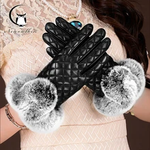 Новые клетчатые перчатки зимние теплые Настоящий мех кролика длинные кожаные перчатки для женщин Роскошные Варежки перчатки призма сетки зимние перчатки