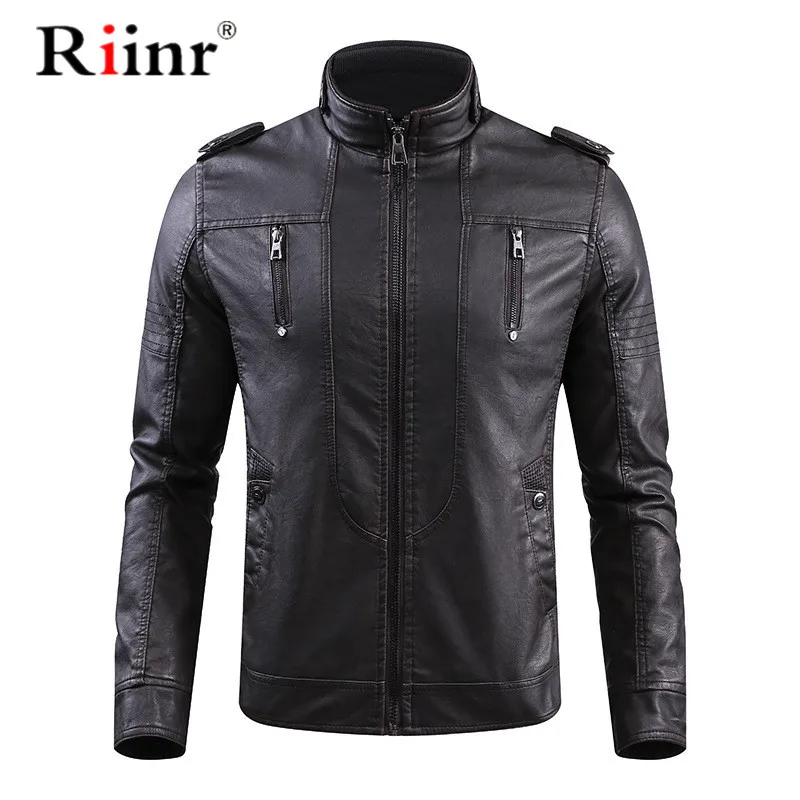 Riinr 4XL Мужская куртка из искусственной кожи кожаная осенне зимняя приталенная
