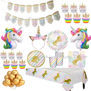 

Foil Gold Unicorn Paper Party Tableware Birthday Decor Balloons Cupcake Wrappers Party Plates Cups Napkins Straws Tablecloth