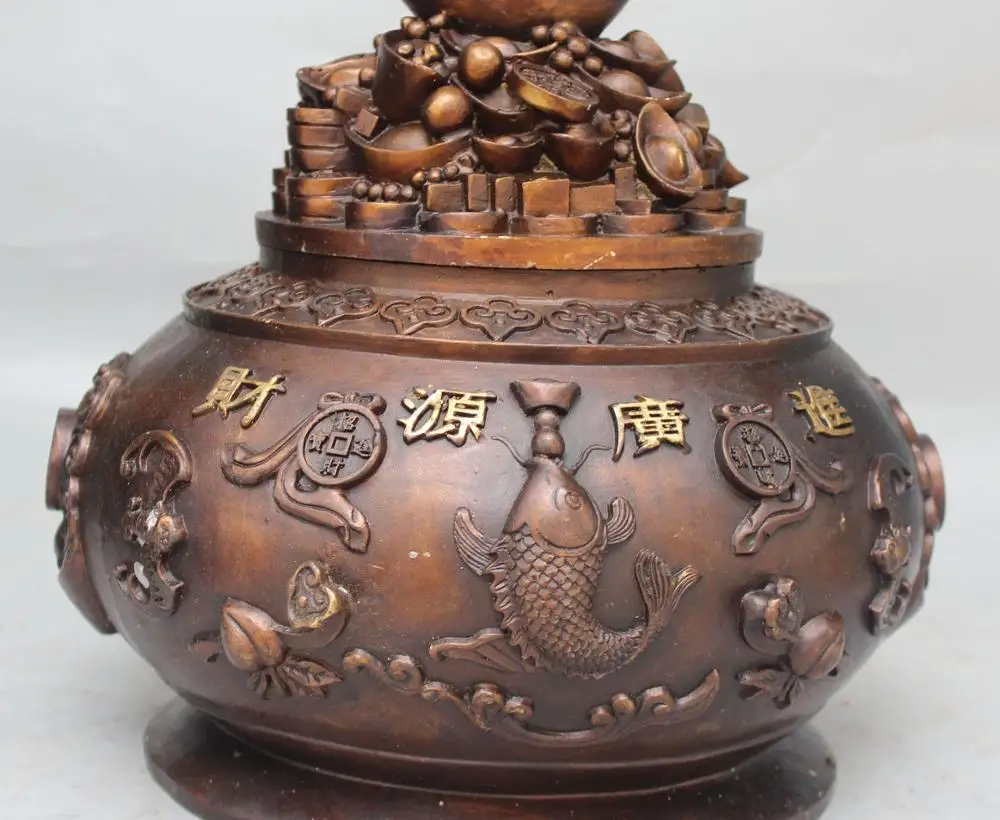 

13"Bronze Gilt Wealth Money Five Road Mammon treasure bowl Incense Burner Censer