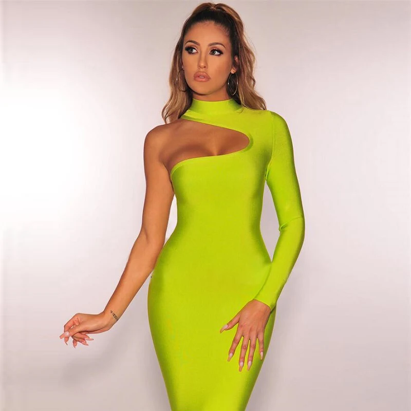 

Fashion Sexy Black Green Hollow Out Party Dress 2019 New Arrivals Summer One Shoulder Bandage Dress Women Celebrity Mini Dress