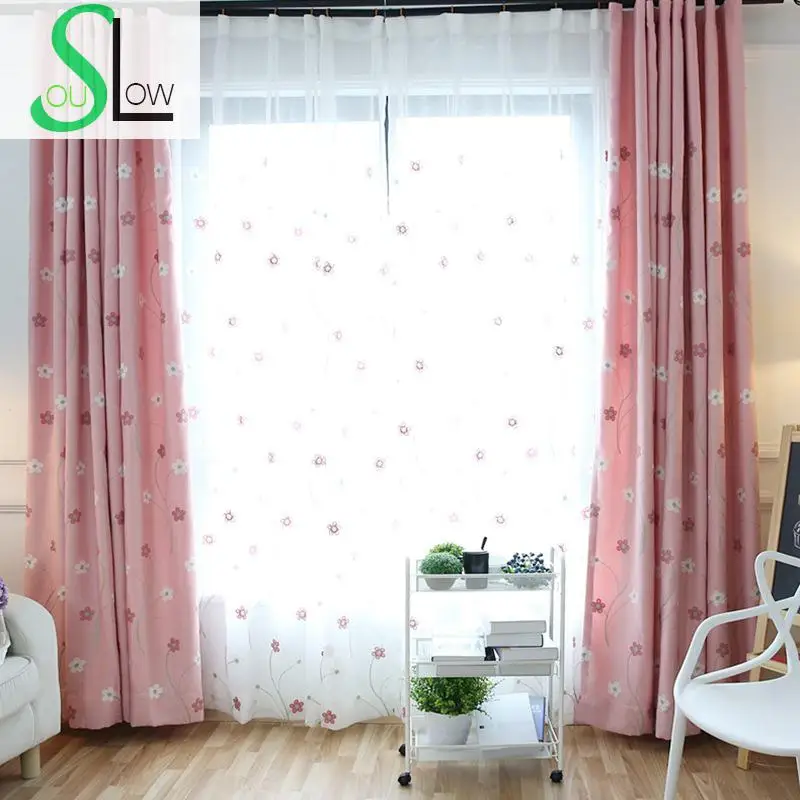 Slow Soul Happy Flower Pink Garden Cotton Pastoral Floral Curtains Tulle For Living Room Embroidery Cortinas Kitchen Bedroom