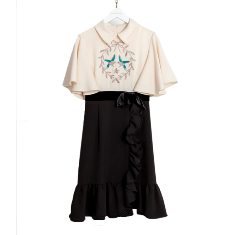 

PERHAPS U apricot patchwork bird embroidery peter pan collar flare short sleeve ruffle mermaid mini dress zipper summer D1775