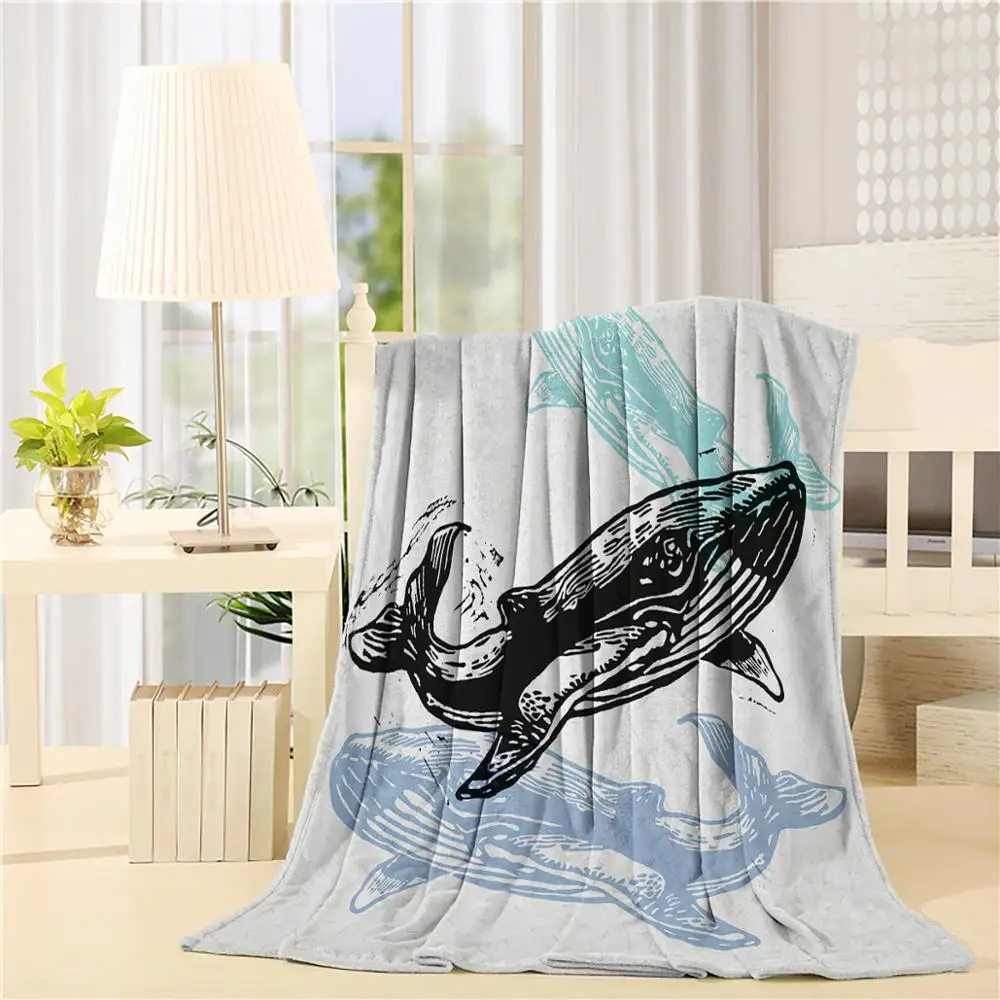 

Linocut Whales in Different Tones Modern Stylized Ecology Nautical Graphic Flannel Throw Blanket Lightweight Cozy Bed Blankets