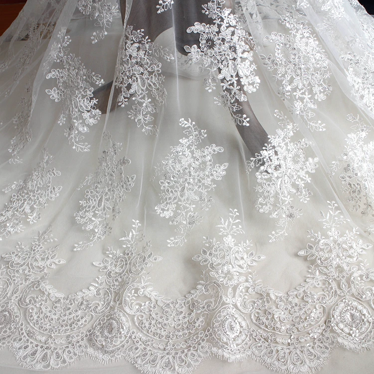 Ivory Embroidery Bridal Dress Lace with Gold Thread Corded Gown DIY Fabric 0.5 Y