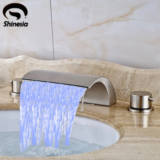 Aliexpress Nickel Brushed Led Waterfall Bathroom Sink Nickel Brushed Led Waterfall Bathroom Sink Faucet Double Handles Mixer Tap Countertop Bathtub
