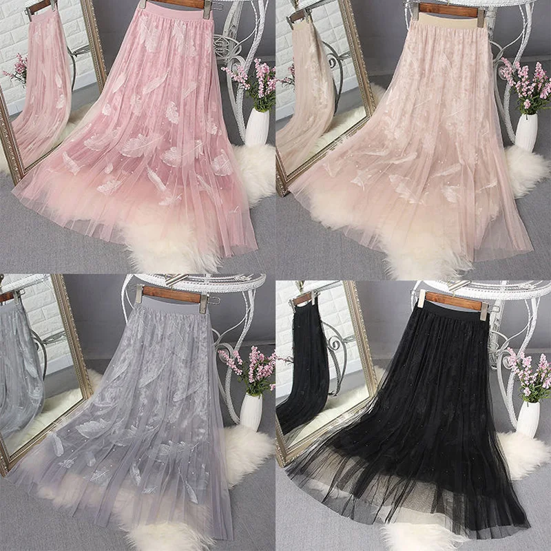 VANGULL летняя новая модная Милая женская тонкая сетчатая юбка женский с эластичной талией бисерная вышивка перьями однотонные плиссированные юбки