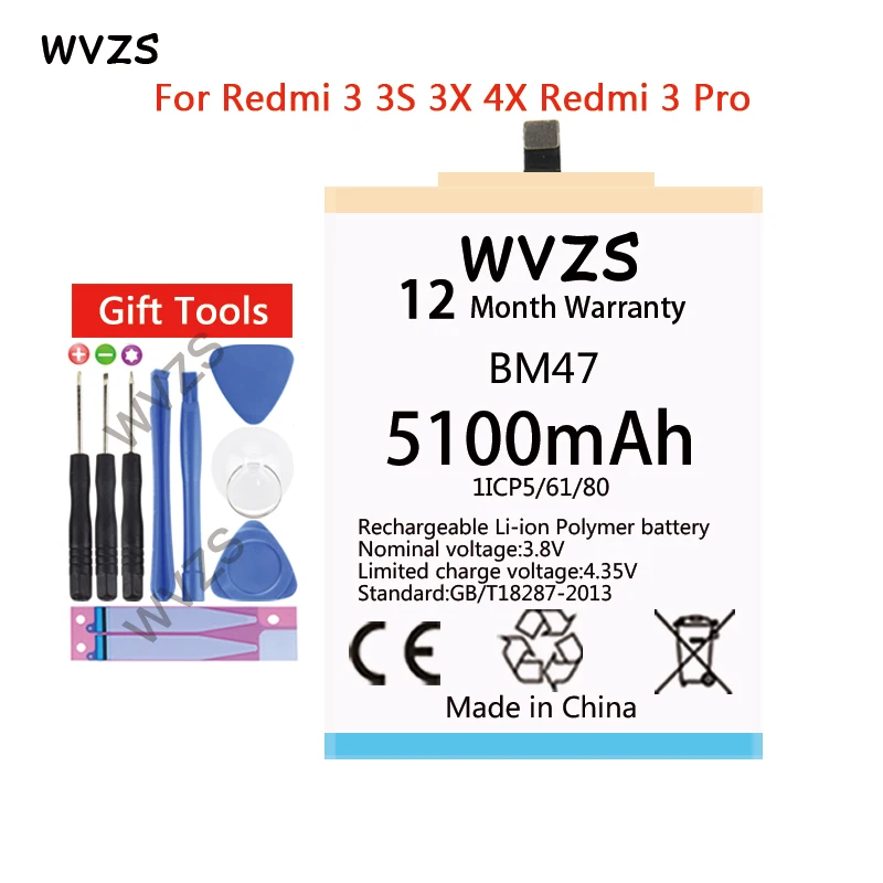 

wvzs 5100mAh Li-Polymer Replacement Battery BM47 For Xiaomi Redmi 3 3S 3X 4X Redmi3 Pro Batteries