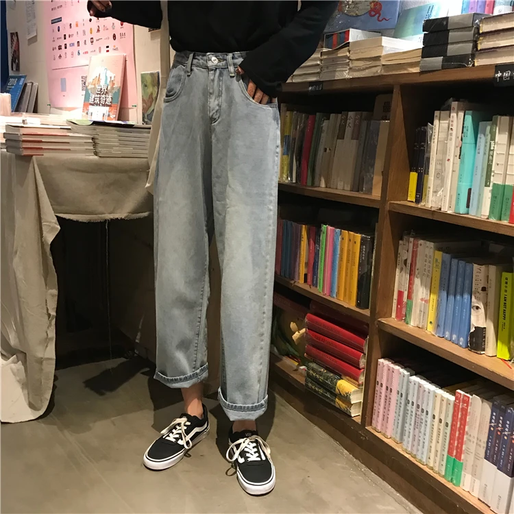 Легкие цветные брюки женские весенние корейские свободные тонкие повседневные девять штанов прямые брюки джинсы Широкие брюки