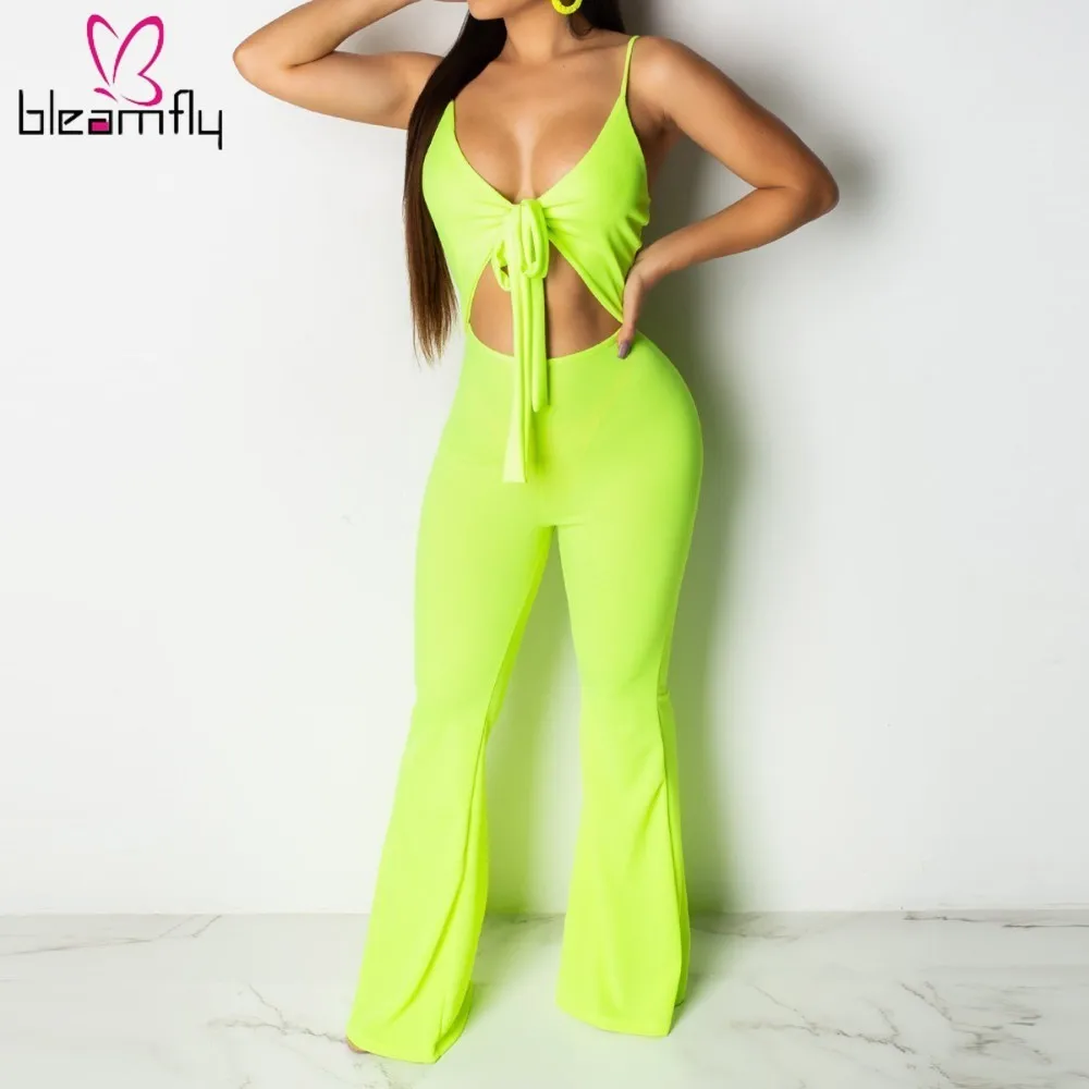 

Sexy Neon Green Jumpsuits Women Wide Leg Spaghetti Strap Sleeveless Rompers V-neck Ladies Bacless One Piece Playsuit Overalls