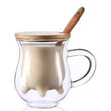 Doppelwandglasbecher Kaffeetasse Tee Mit Deckel Bambus isolierte Kreative Tumbler Milch Saft Für Home Xicaras Neuheit Mit griff