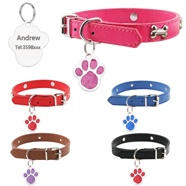 Idepet Leather Dog Collar ID Tags Engraved Pet Puppy Cat Basic Collars Fashion Necklaces For