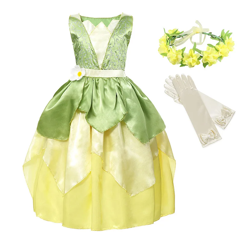 YOFEEL Princess Tiana Costume for Girl Fancy Dresses Cosplay The Princess and The Frog Dress Kids Party Halloween Birthday Gown
