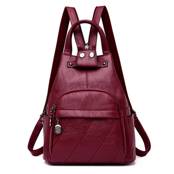 

Women Leather Backpack Female Teenage Girls School Backpacks Vintage Multifunction Mochila Solid Shoulder Bag Violet Sac a Dos