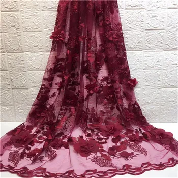 

3D Flower High Quality beads Lace Fabric African Stone Lace Fabric Red Applique Embroidery Lace Fabric For Dresses
