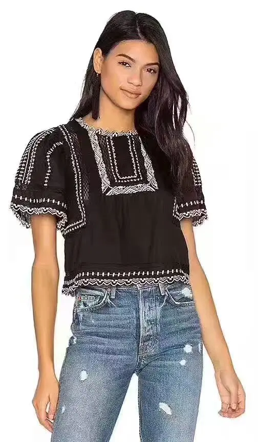 Plus Size Women Summer Tops Pattern Elegant National Wind Embroidered