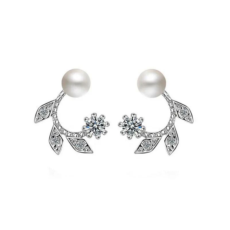 

Fashion 925 Silver White CZ Pearl Leaf Flower Small Stud Earrings for Girls Women Rose Gold Sweet Party Earrings Jewelry ED407