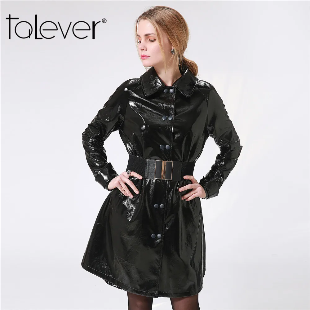 2018 Women PU Leather Trench Coat Autumn Winter Black Sexy