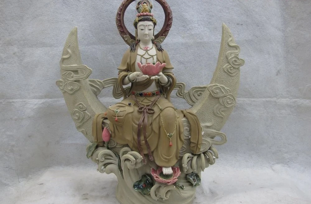 

19 Pottery WuCai porcelain Lotus Bodhisattva Kwan-Yin GuanYin Sit on Moon Statue