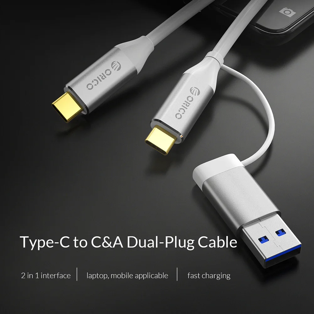 ORICO type-C to C& A кабель с двумя разъемами 2 в 1 интерфейс USB3.0 высокая скорость передачи 5A 10Gpbs зарядный кабель для телефона