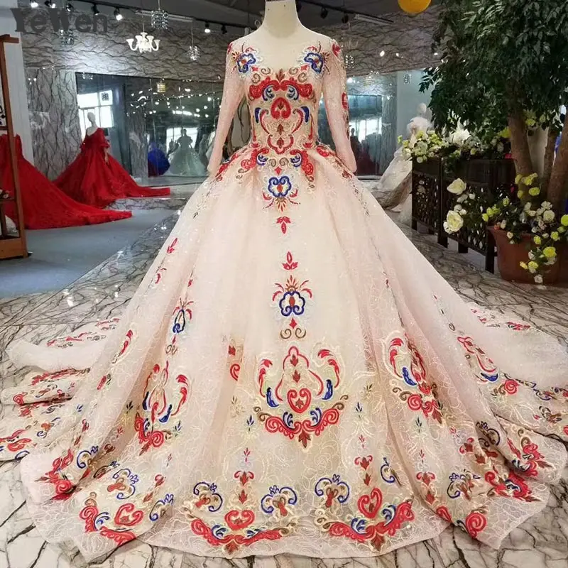 Белый вечерние свадебные платья новое поступление 2019 года свадебное платье Элегантный кружево печати с длинным рукавом плюс размеры YM20145