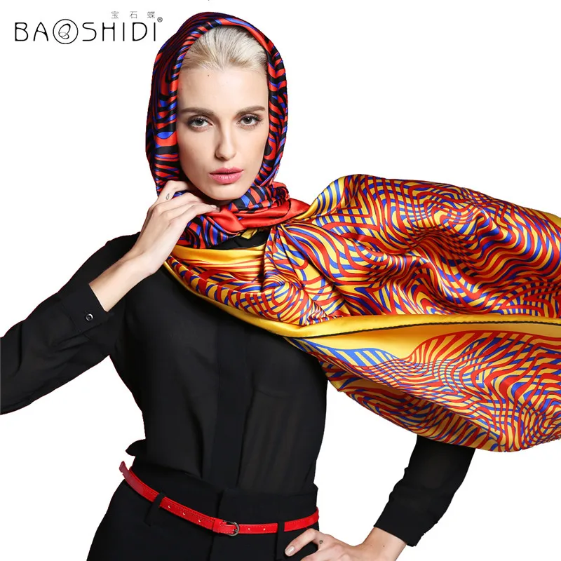Line design 100 Satin Silk,106*106 Large Square Scarf , BAOSHIDI