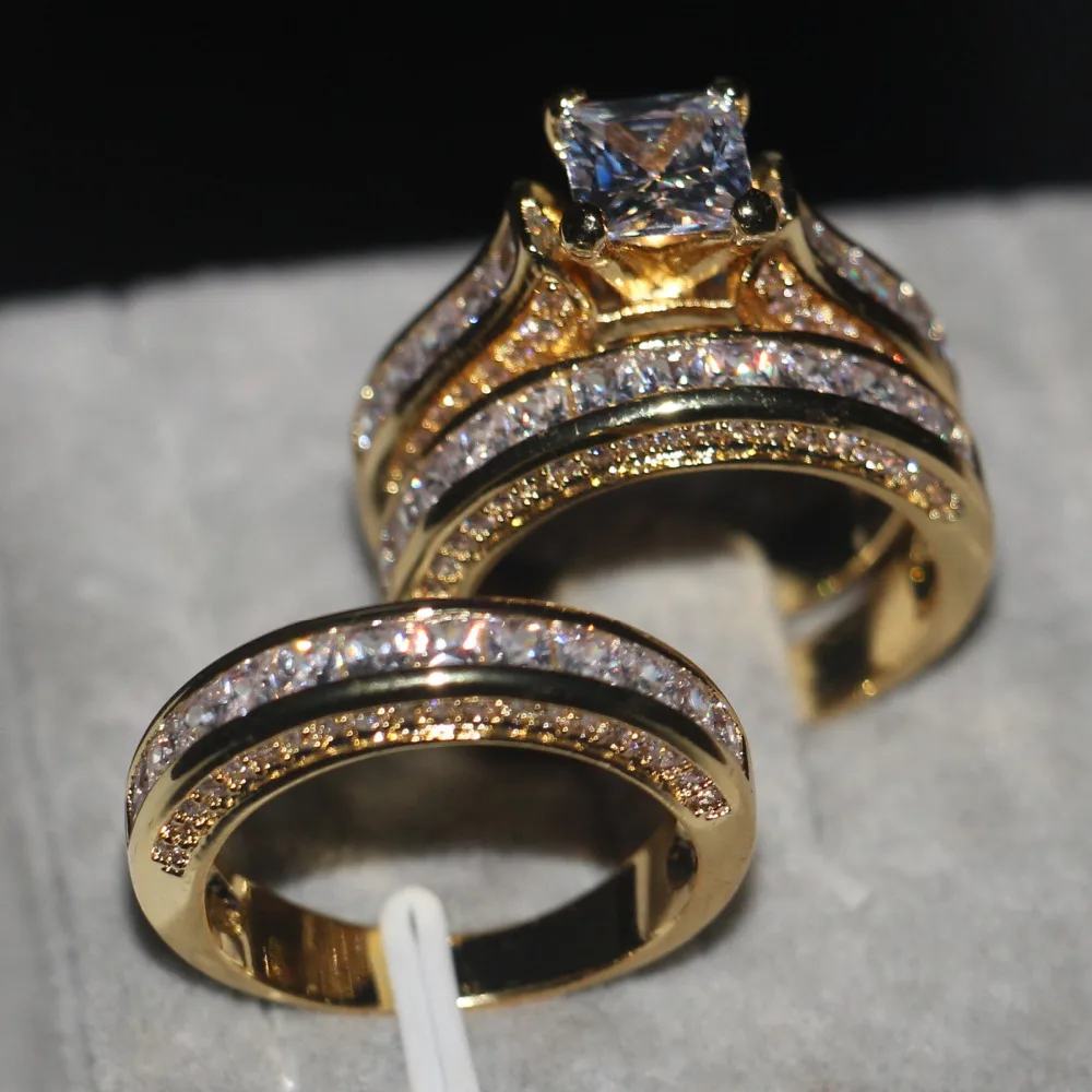 Продвижение Для женщин Для мужчин ювелирные изделия 3 в 1 Обручальное кольцо 14KT желтого золота с огранка «Принцесса» 5A циркониевые Cz Обручение кольцо