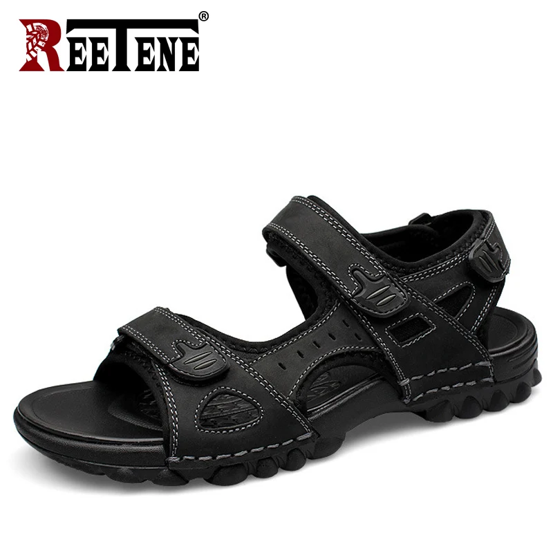 

REETENE 2019 New Men'S Sandals Summer High Quality Leather Shoes Beach Men Sandals Men Causal Shoes Fashion Outdoor Sandals Men