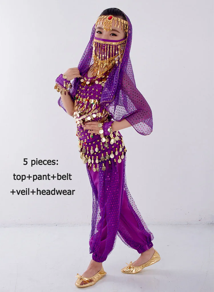 Детский набор костюма для танца живота Болливуд сценическая одежда для танца живота для девочек индийский танцевальный наряд Детский топ брюки - Цвет: purple 5 pcs