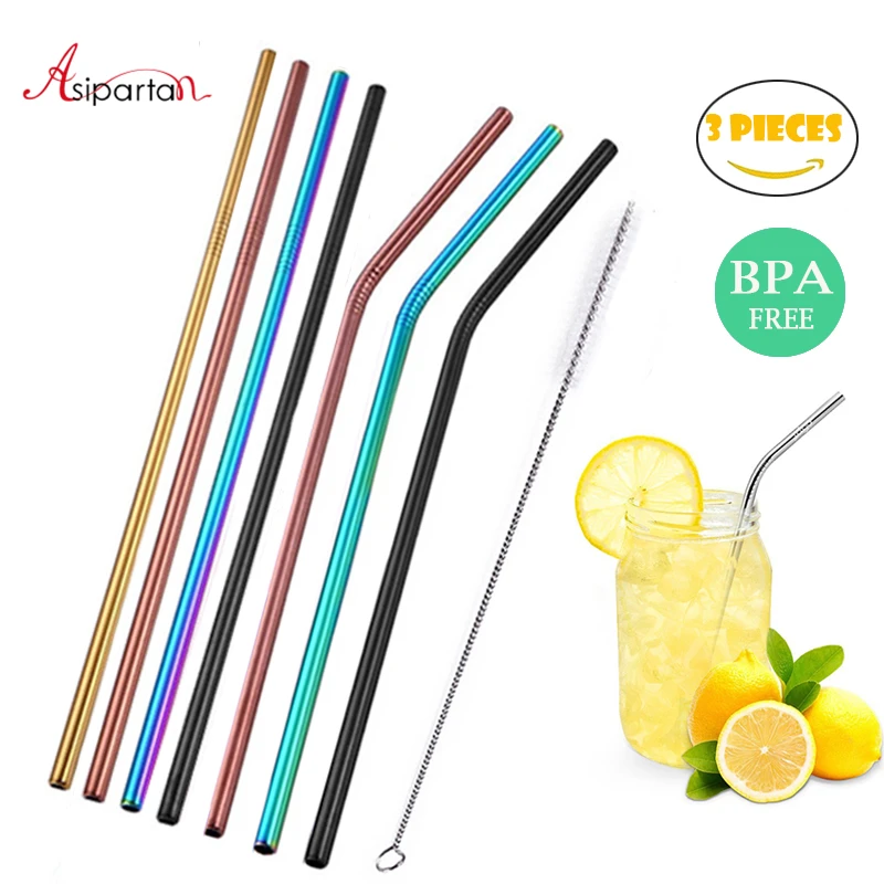 

Asipartan 3pcs/set Reusable Drinking Straw Colorful Stainless Steel Metal Straw With Cleaner Brush Tea Tools Bar Accessories