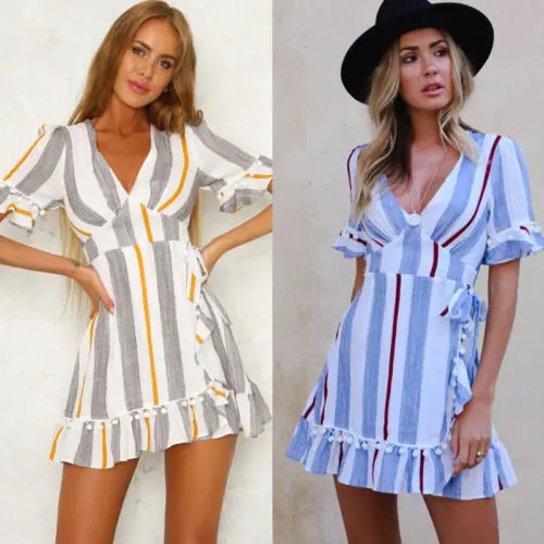 

Boho Women Holiday V Neck Frilled Mini Dress 2018 New Casual Summer Beach Stripe Tassel Sleeveless Party Dresses Sundress