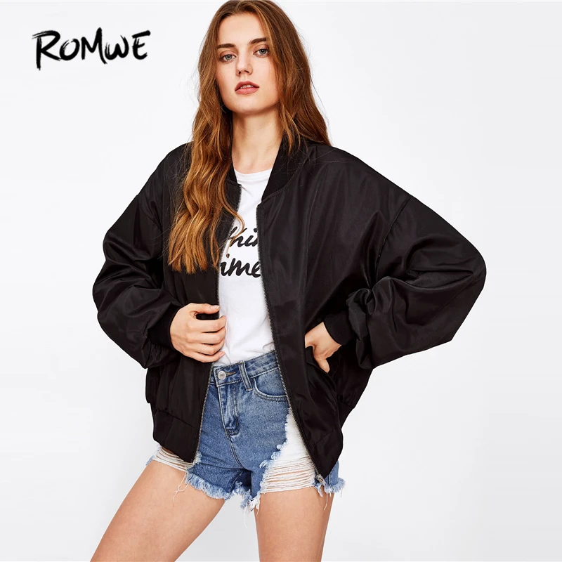 ROMWE Patch Back Ribbon Detail Oversized Bomber Jacket Women Stand Collar Zipper Letter Jackets 2018 Loose Spring Women Coat ROMWE Patch Back Ribbon Detail Oversized Bomber Jacket Women Stand Collar Zipper Letter Jackets 2018 Loose Spring Women Coat