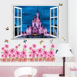 3d обои розовый замок творческий пейзаж стикер спальня гостиная девушка комната телевизор фоне фрески