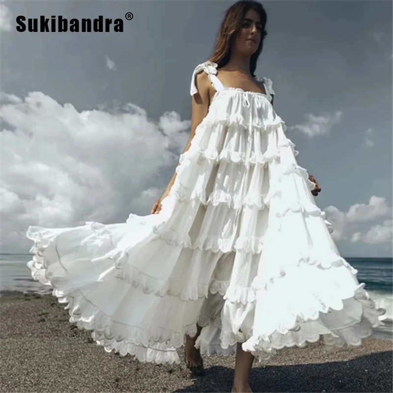 Летнее многослойное женское платье Sukibandra с оборками на тонких бретельках 2019