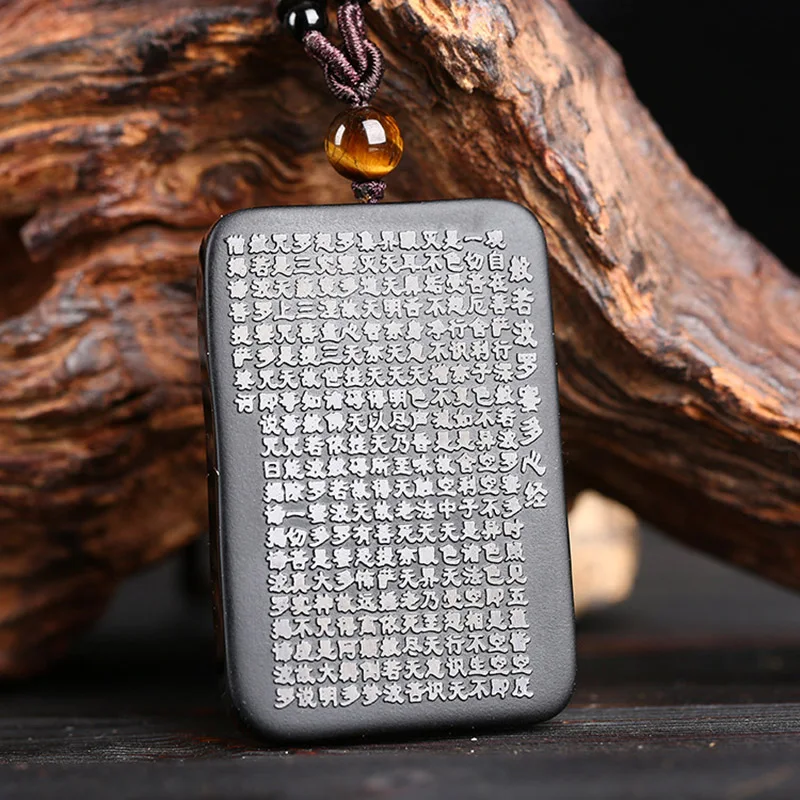 Goede Natuurlijke Obsidiaan Steen Hanger Ketting Prajna Paramita Sutra Buddha Tags Met Tijger Ogen Kralen Touw Ketting Voor Mannen Vrouwen